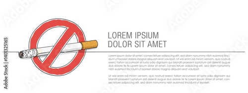 No smoking sign continuous single line drawing art template where a prohibited sign is on the cigarette. Non-smoking area. Smoking is injurious for health. 
