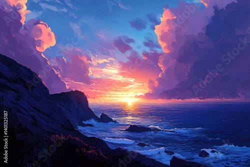 A dramatic seascape at sunset, with a breathtaking view of the sea and sky in rich colors, perfect for travel or scenic background designs.