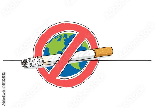 No smoking sign continuous single line drawing art template where a prohibited sign is on the cigarette. Non-smoking area. Smoking is injurious for health. 

