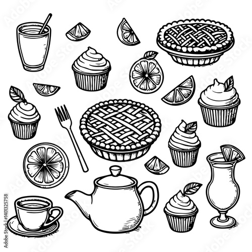 Hand drawn lemon set on lemon theme, sour, lemon drinks, pie, cupcakes and lemon wedges. in line art style. line art, doodle, line