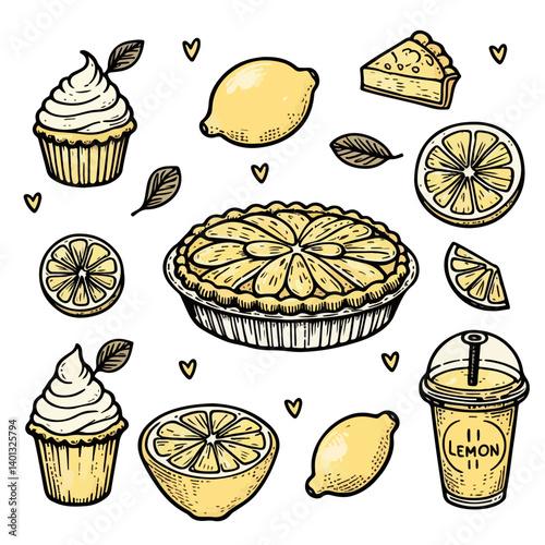 Hand drawn lemon set on lemon theme, sour, lemon drinks, pie, cupcakes and lemon wedges. in line art style. line art, doodle, line