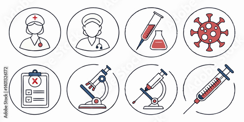 Healthcare Medical Icons - Nurse Doctor Virus Blood Test Microscope Syringe Clipboard Line Art Vector Illustration