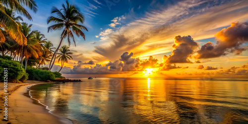 Golden sun dipping below the horizon in a tropical paradise