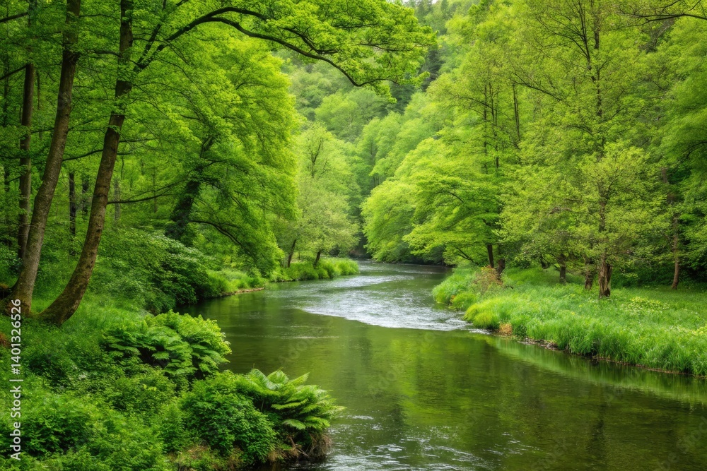 Obraz premium River Winding Through Lush Green Forest During Springtime Generative AI