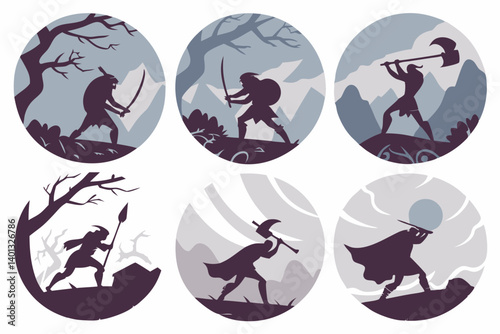 Medieval Fantasy Warrior Silhouettes Vector Art Game Icons Set Sword Axe Spear