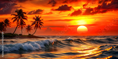 Fiery red sun setting over the waves of a tropical island