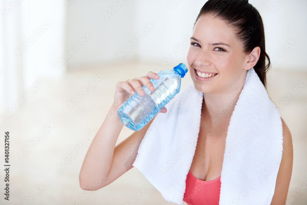 Exercise, portrait or happy woman drinking water on break after workout or fitness training in gym. Fatigue, healthy lady or thirsty sports athlete with liquid bottle for wellness, rest or hydration Exercise, portrait or happy woman drinking water on break after workout or fitness training in gym. Fatigue, healthy lady or thirsty sports athlete with liquid bottle for wellness, rest or hydration