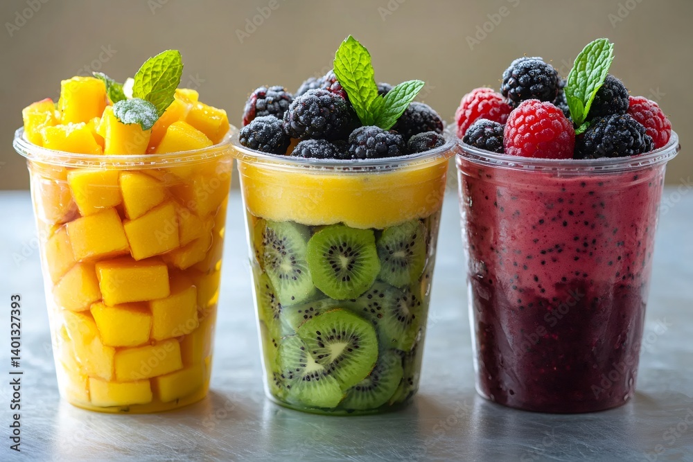 Plastic cups showing mango, kiwi and blackberry smoothies garnished with mint