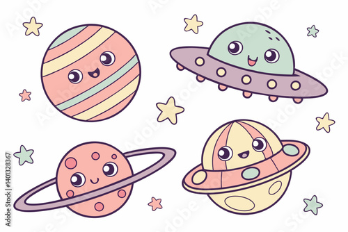 Cute Kawaii Cartoon Planets UFO Stars Pastel Space Vector Illustration Children's Nursery Art Print
