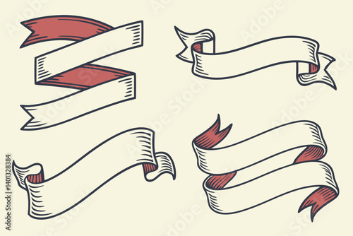 Vintage Style Ribbon Banners Hand-Drawn Illustrations for Design Projects