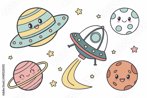 Cute Kawaii Space Planets Spaceship Rocket UFO Stars Cartoon Pastel Colors Smiling Faces Whimsical Hand Drawn Style Childrens Vector Graphics