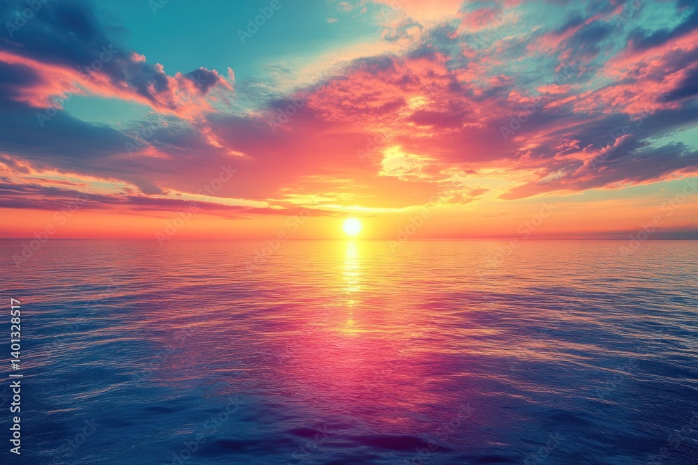 A dramatic sunset over a tranquil sea, with the sun dipping below the horizon and painting the sky in vibrant hues.