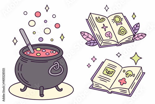 Cute Cartoon Witchcraft Cauldron Potion Magic Spellbooks Pastel Art