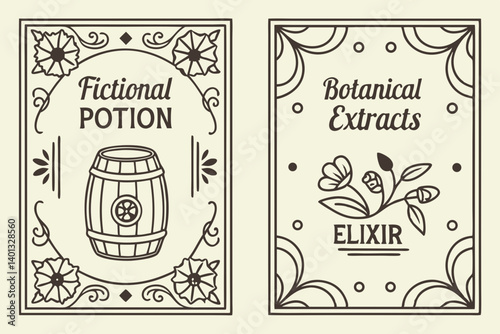Vintage Botanical Elixir and Fictional Potion Labels Line Art Designs
