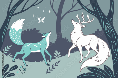 Enchanting Muted Woodland Fox Deer Butterfly Flat Vector Animal Illustration
