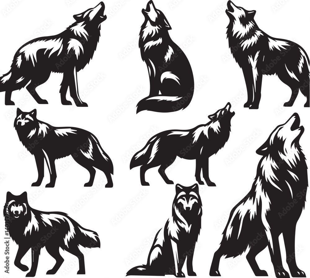 Fototapeta premium Set of wolf silhouette vector-bold black wild animal illustrations 