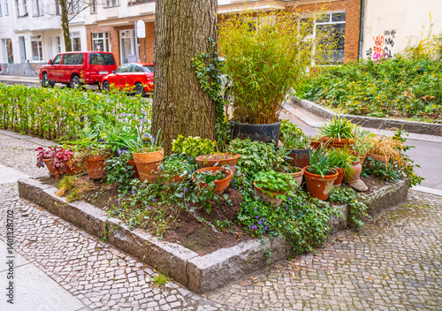 Buntes Blumenbeet in einer Großstadt mit Blumentöpfen an einer Baumscheibe / Urban Gardening