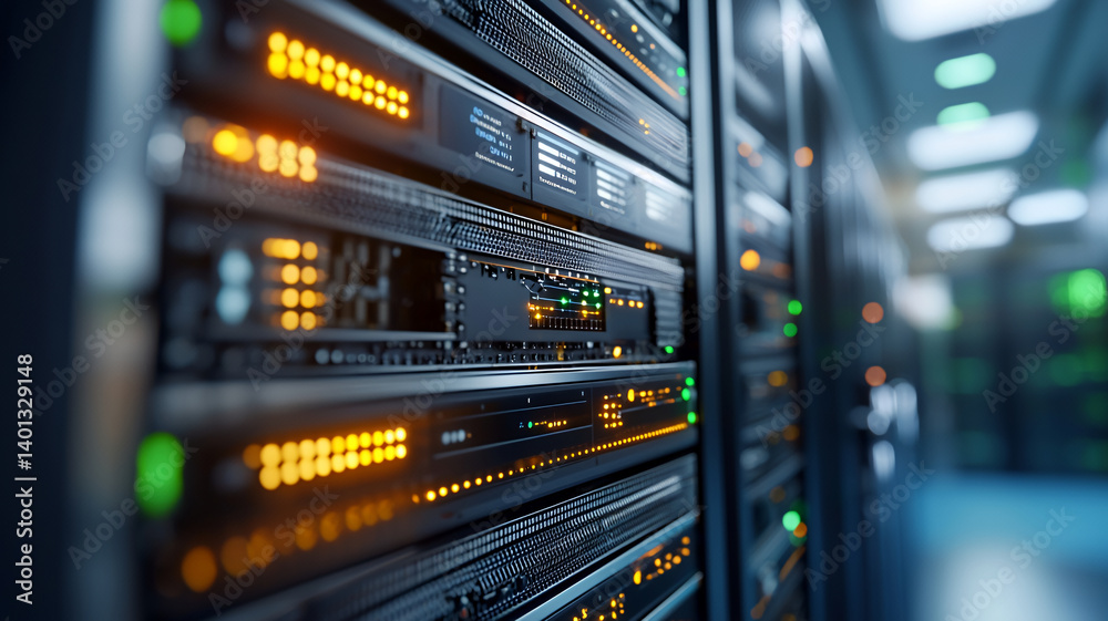 High tech server room with illuminated racks, showcasing data storage technology and network connectivity. atmosphere conveys High tech server room with illuminated racks, showcasing data storage technology and network connectivity. atmosphere conveys