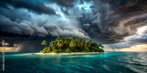Dark storm brewing over a deserted tropical island