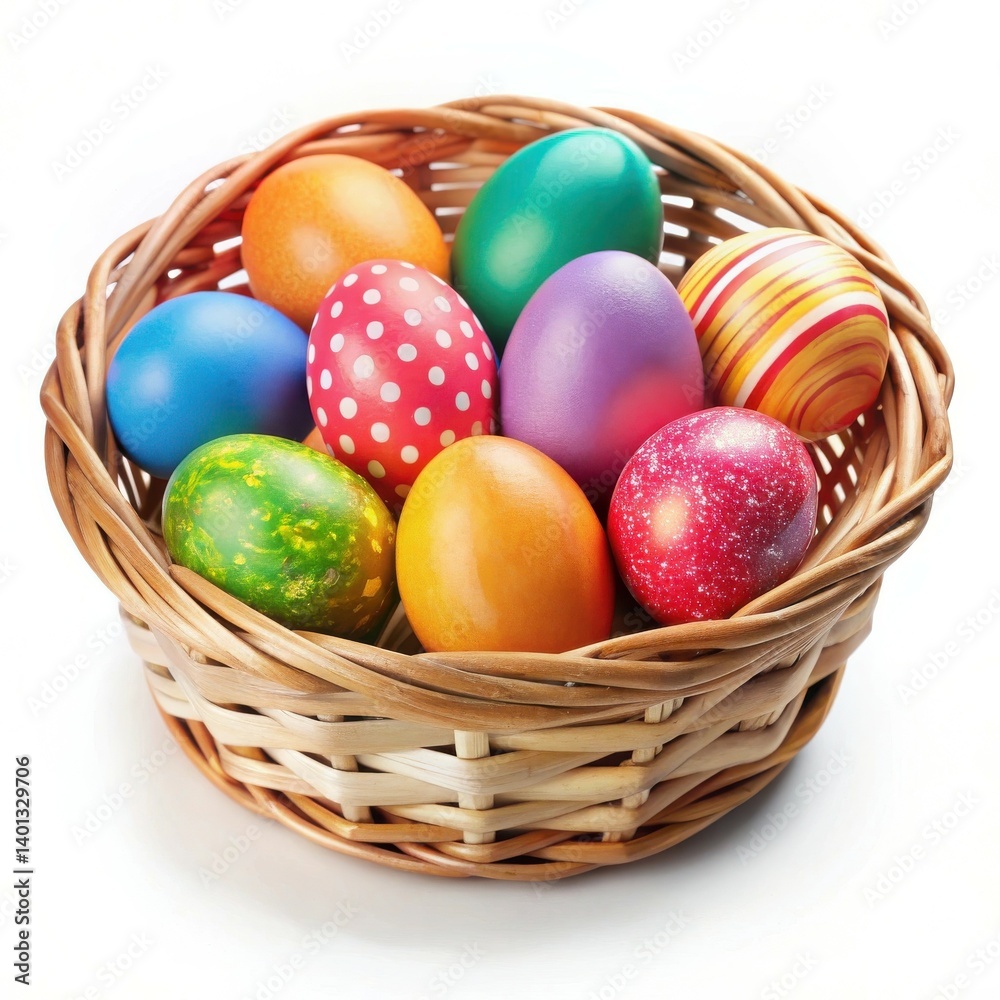 Colorful Easter eggs in a wicker basket a spring tradition bright Colorful Easter eggs in a wicker basket a spring tradition bright