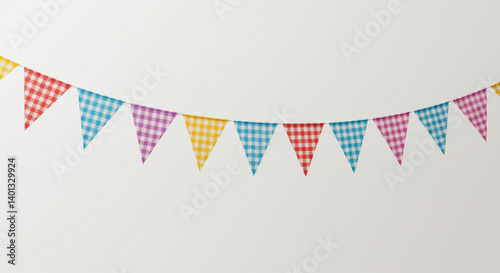 Festa Junina pennant banner with colorful checkered triangle flags in blue, pink, red, yellow and purple, hanging in a gentle arc on a white wall, evoking a joyful and rural festive spirit