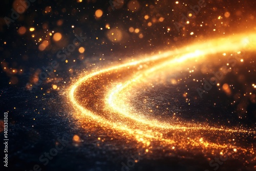 A magical golden lightning trail curves across the dark background, illuminated by glowing gold stars, evoking the mystique of a wizard spell.