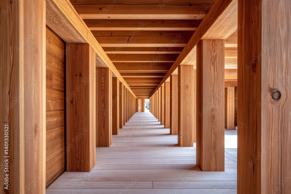 Wooden covered walkway creating a tunnel effect with natural light Wooden covered walkway creating a tunnel effect with natural light
