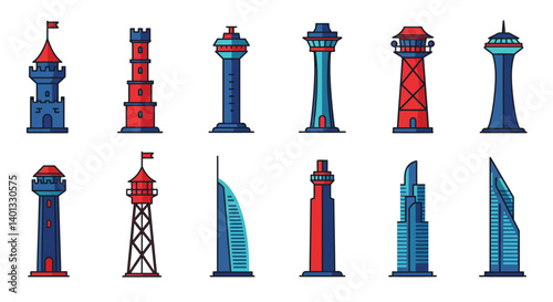 Tower designs in various styles and heights in flat vector art