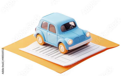 Blue cartoon car and contract in 3D on yellow background