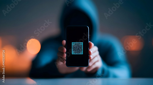 Hooded Figure Holding Smartphone Displaying QR Code