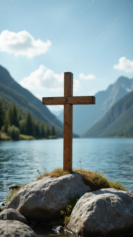 Cross on rocky shore overlooking mountain lake. Cross on rocky shore overlooking mountain lake.