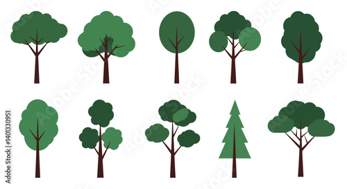Various tree designs showcasing different shapes and sizes in flat vector illustration