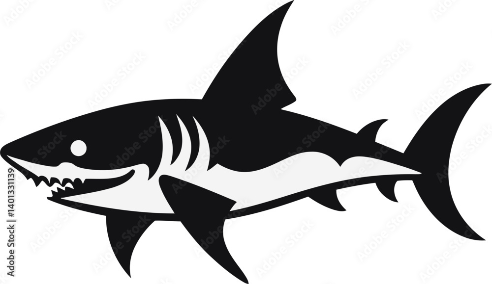Fototapeta premium Shark with Big Fin and Tail Shark Swimming Underwater Vector