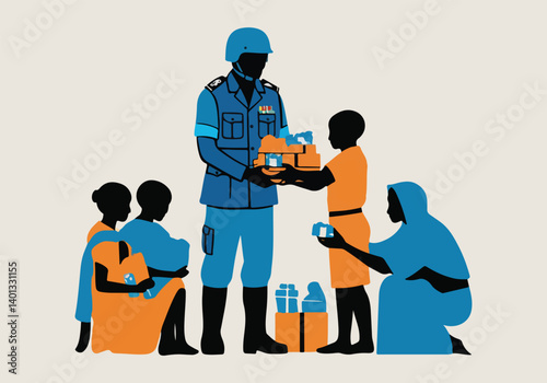 UN Peacekeeper with Blue Helmet, Olive Branch, and Peace Sign in Solid Color Vector Illustration for International Day of Peacekeeping, Representing Global Unity and Peace Efforts