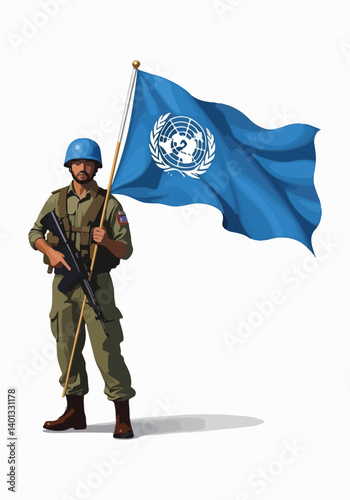 UN Peacekeeper with Blue Helmet, Olive Branch, and Peace Sign in Solid Color Vector Illustration for International Day of Peacekeeping, Representing Global Unity and Peace Efforts