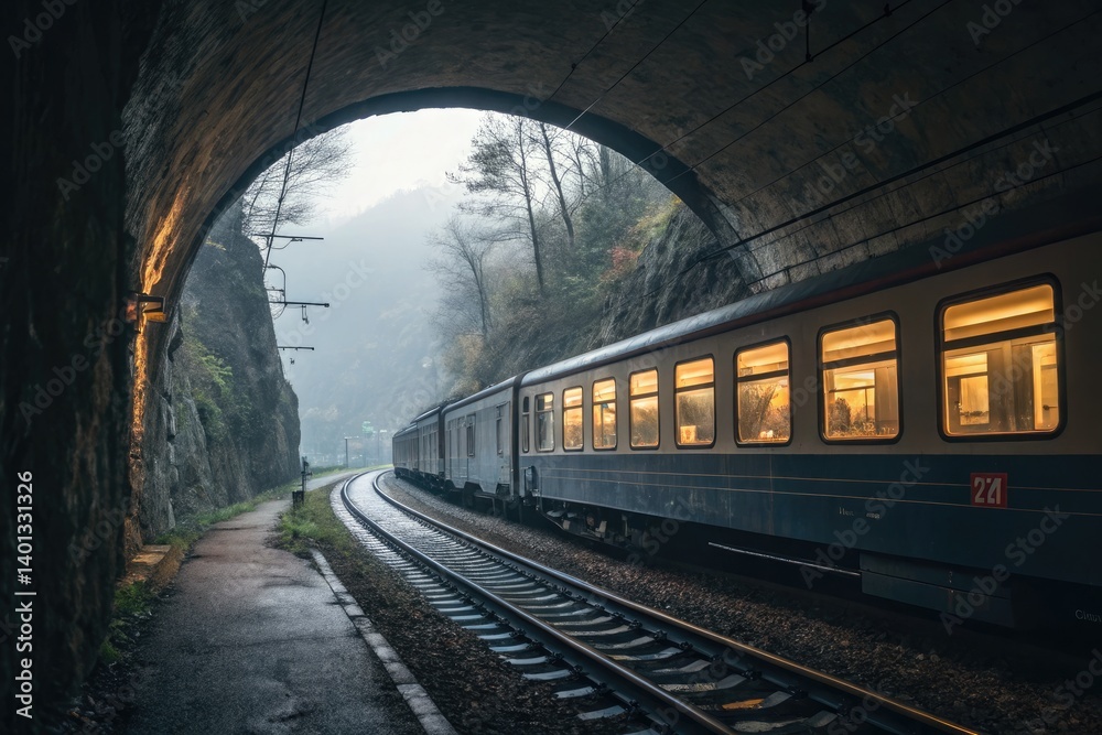 Train Journey Through a Mountain Tunnel During Twilight Generative AI Train Journey Through a Mountain Tunnel During Twilight Generative AI
