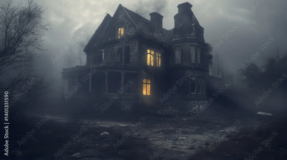 Mysterious Abandoned House in Fog at Night Mysterious Abandoned House in Fog at Night