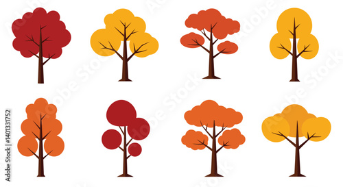 Colorful tree designs changing through seasons in flat vector art