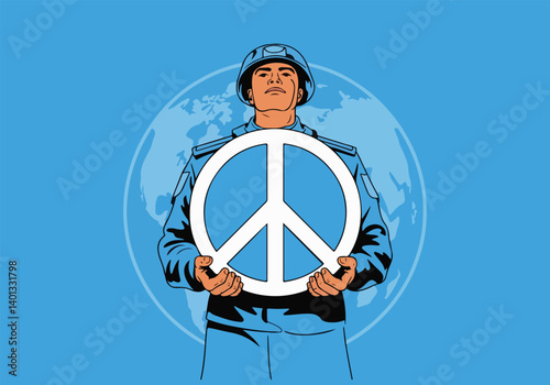 Solid Color Vector Illustration of United Nations Peacekeeper Holding Peace Sign, Olive Branch, and Dove, Commemorating International Day of Peacekeepers and Promoting Global Peace