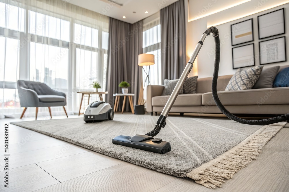 Fototapeta premium Living Room Cleaning With a Vacuum Cleaner in Modern Design Generative AI