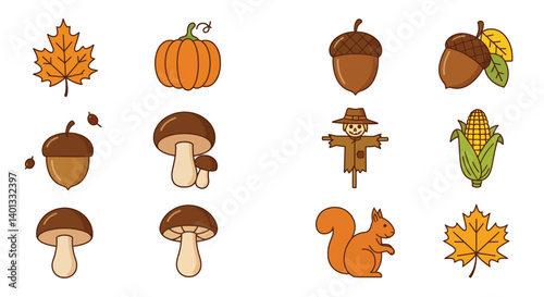 Autumn themed collection featuring leaves, pumpkins, acorns, mushrooms, and a squirrel in flat vector art