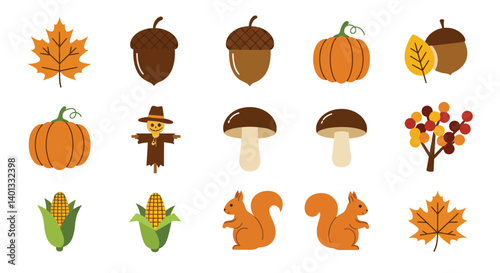 Fall-themed illustrations featuring autumn leaves, pumpkins, acorns, and squirrels in flat vector art