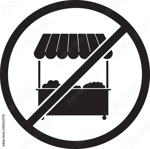 A simple black and white vector icon showing a market stall with a prohibition sign over it. This image is suitable for use in indicating restrictions or regulations regarding market stalls.