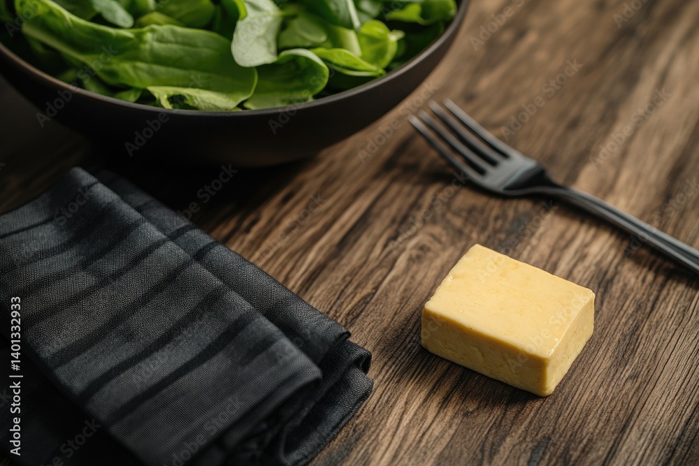 A block of cheddar cheese rests on a rustic wooden table.