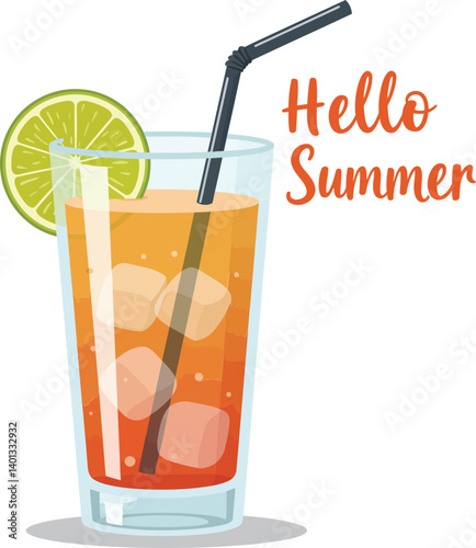 Refreshing summer drink in a glass with ice and lime garnish