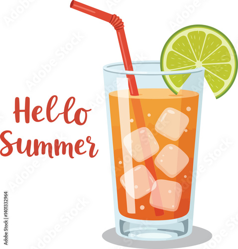 Refreshing summer drink with ice cubes and lime garnish in a clear glass