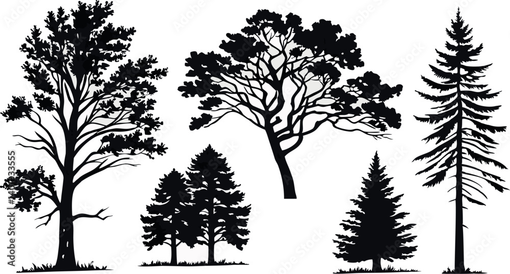 Obraz premium Pine Tree Forest Silhouette – Black and White Evergreen Tree line Vector Illustration