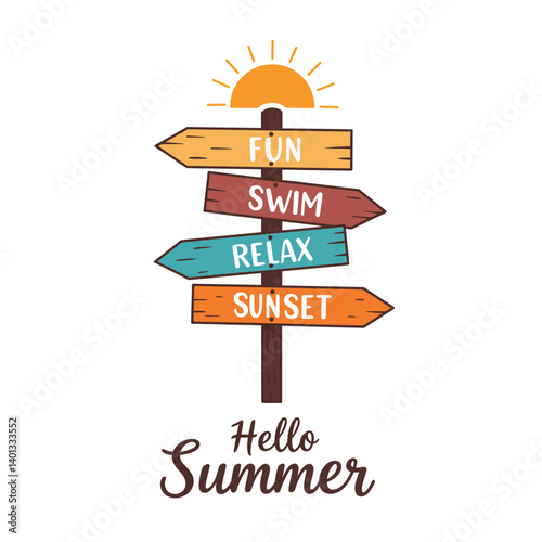 Colorful summer signpost with directions for fun, swim, relax, and sunset activities