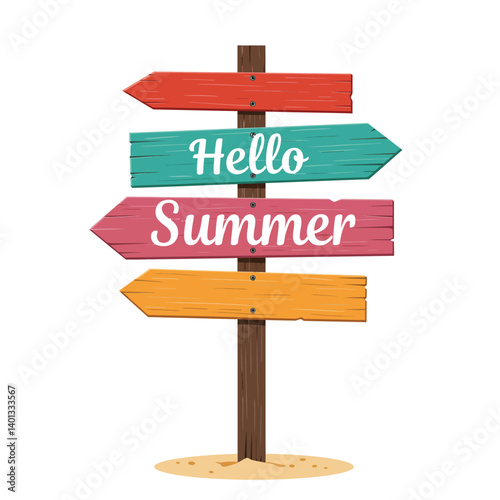 Colorful wooden signpost displaying greetings for summer with directional arrows