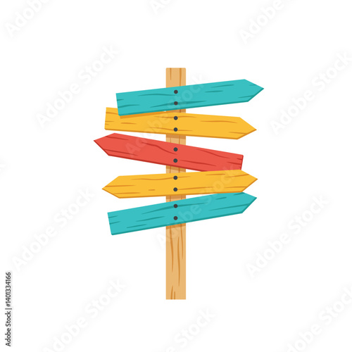 Colorful wooden signpost with multiple directional arrows indicating various paths and destinations